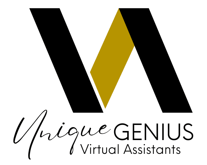 Unique Genius logo: Two short left slanted black lines with a short right slanted yellow line in between with the text: "Unique GENIUS Virtual Assistants" - unique genius
