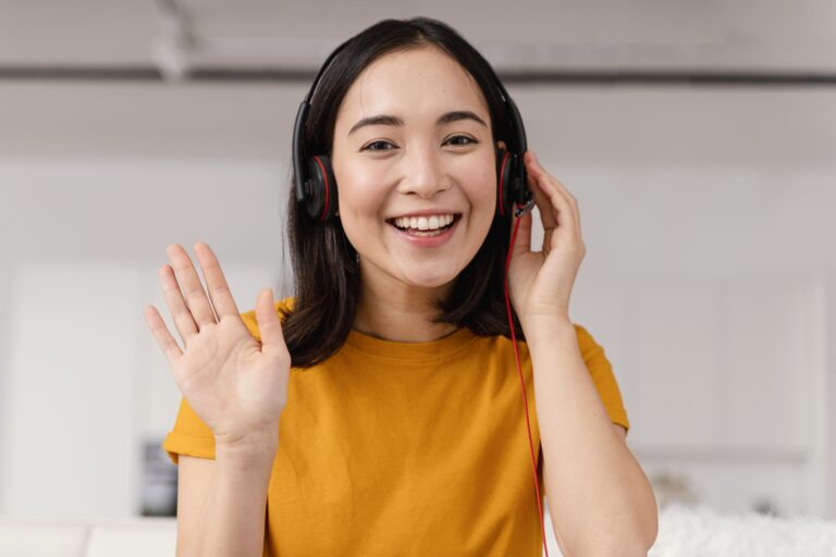woman with headset video call