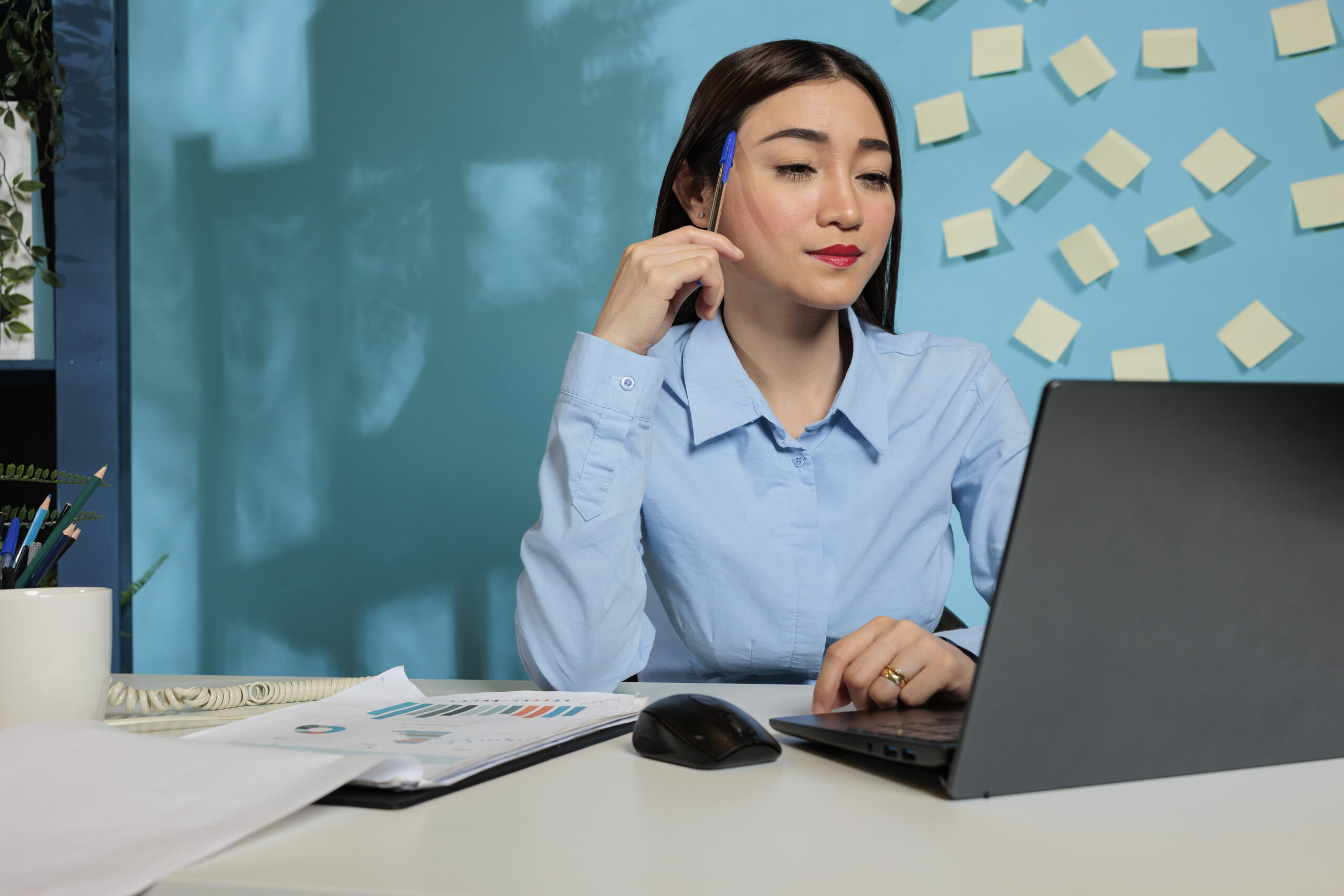 thoughtful female worker plans improve work strategies company using creative imagination growth professional woman contemplating best business idea scaled